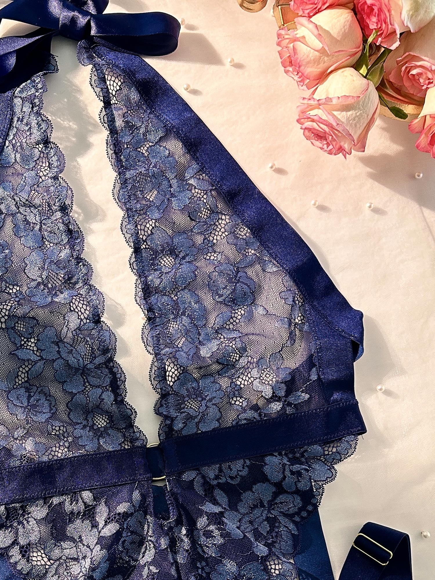 Deep Blue Lace Bodysuit Halter Neck Open Back Shapewear Hello.LA.Girl